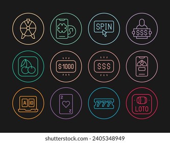 Set line Lottery ticket, Lucky wheel on phone, Slot machine spin button, Money prize casino, with cherry,  and Online poker table game icon. Vector