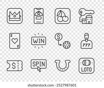 Set line Lottery ticket, Slot machine with cherry, spin button, King playing card, Casino win, Horseshoe and Lucky player icon. Vector