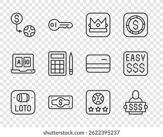 Set line Lottery ticket, Winner holding prize, King playing card, Stacks paper money cash, Casino chips exchange, Bingo, Online poker table game and Money casino icon. Vector