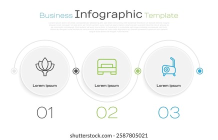 Set line Lotus flower, Big bed and Stationary bicycle. Business infographic template. Vector