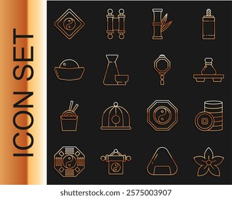 Set line Lotus flower, Chinese Yuan currency, Dumpling on cutting board, Bamboo, tea ceremony, Sushi, Yin Yang and paper lantern icon. Vector