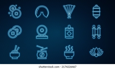 Set line Lotus flower, Decree, paper, parchment, scroll, Paper chinese folding fan, Gong, Chinese Yuan currency, Firework and fortune cookie icon. Vector