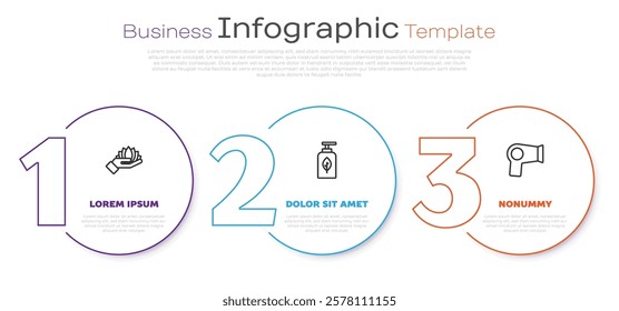 Set line Lotus flower, Essential oil bottle and Hair dryer. Business infographic template. Vector