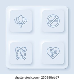 Set line Lotus flower, No Smoking, Alarm clock and Sleepy. White square button. Vector