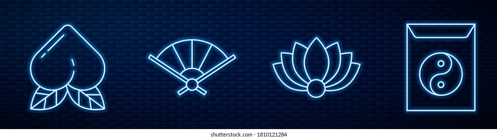 Set line Lotus flower, Peach fruit, Paper chinese folding fan, Yin Yang and envelope and Decree, paper, parchment, scroll. Glowing neon icon on brick wall. Vector