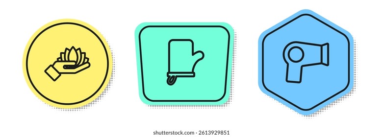 Set line Lotus flower, Sauna mittens and Hair dryer. Colored shapes. Vector