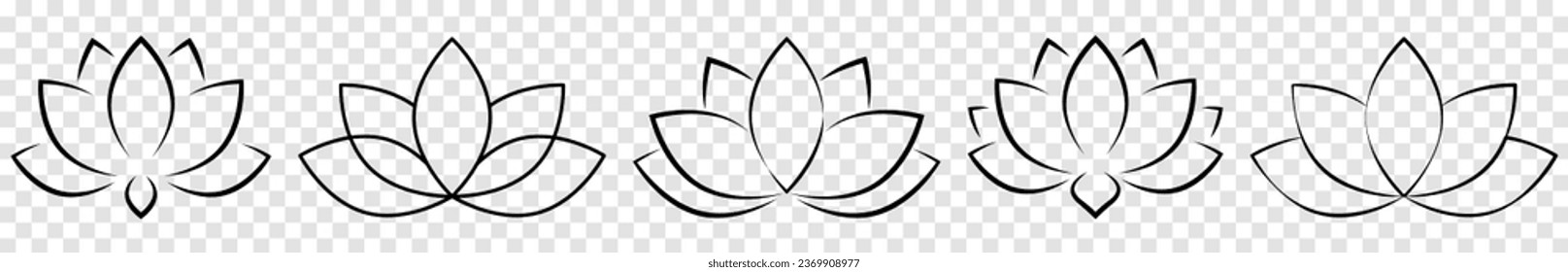 Set of line lotus flowers icons. Relax, calm and harmony symbol. Vector illustration isolated on transparent background