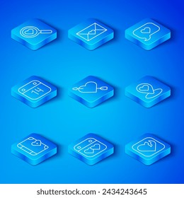Set line Love diary, Amour with heart and arrow, Calendar, Location, Heart in speech bubble, February 14, Search love and Broken or divorce icon. Vector