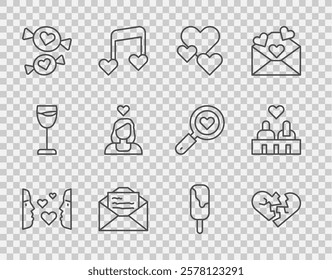 Set line Love at first sight, Broken heart or divorce, Heart, Greeting card, Candy, Couple love, Ice cream and  icon. Vector