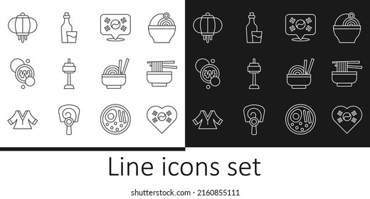 Set line Love Korea with heart, Ramen, Location South, N Seoul tower in, Korean won coin, lantern, Asian noodles bowl and Soju bottle icon. Vector