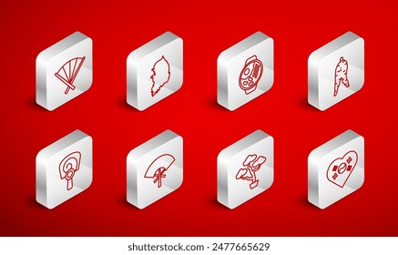 Set line Love Korea with heart, South map, Ramen, Ginseng root, Bonsai tree, Traditional fan,  and Korean hand icon. Vector