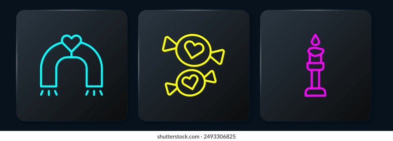 Set line Love magnet, Burning candle and Candy. Black square button. Vector