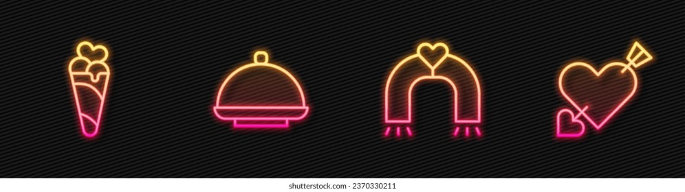 Set line Love magnet, Ice cream in waffle cone, Covered with tray and Amour heart and arrow. Glowing neon icon. Vector