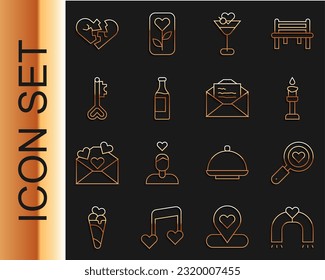 Set line Love magnet, Search heart and love, Burning candle, Martini glass, Wine bottle, Key shape, Broken or divorce and Greeting card icon. Vector