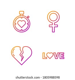 Fijar la línea Texto de amor, Corazón roto o divorcio, Corazón en el centro cronómetro y Símbolo de género femenino. Iconos de color de degradado. Vector