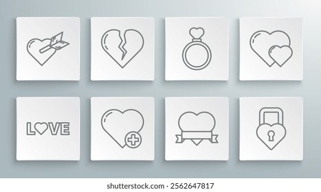 Set line Love text, Broken heart or divorce, Heart, and ribbon, Castle in the shape of, Wedding rings,  and Amour with arrow icon. Vector