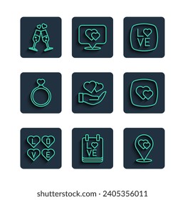 Set line Love text, Calendar with February 14, Location heart, Heart in hand, Wedding rings, Glass of champagne and  icon. Vector