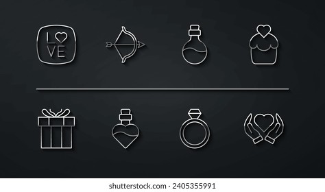Fijar línea de texto de amor, caja de regalo, torta de boda, anillos, Botella con poción de amor, Corazón y flecha, Mano e icono del corazón. Vector