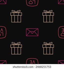 Set line Love text, Gift box and Envelope with Valentine heart on seamless pattern. Vector