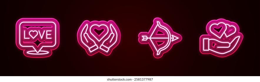Set line Love text, Heart in hand, Bow arrow and . Glowing neon icon. Vector