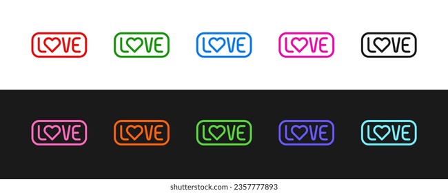 Set line Love text icon isolated on black and white background. Valentines day greeting card template.  Vector