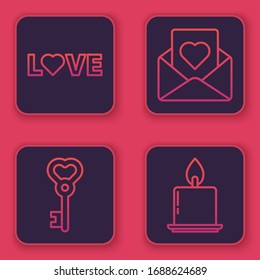 Set line Love text, Key in heart shape, Envelope with heart and Burning candle. Blue square button. Vector