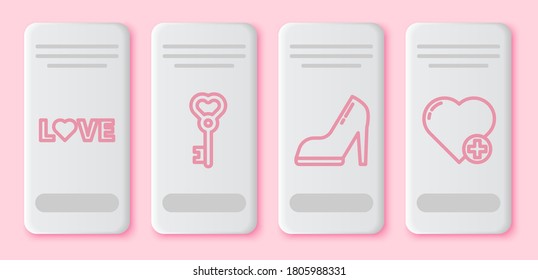 Set line Love text, Key in heart shape, Woman shoe with high heel and Heart. White rectangle button. Vector