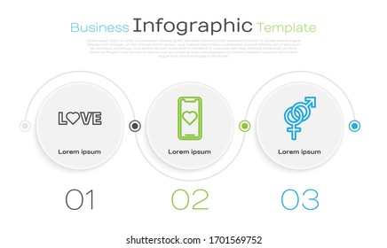 Establecer línea de texto de amor, teléfono móvil con corazón y género. Plantilla de infografía empresarial. Vector