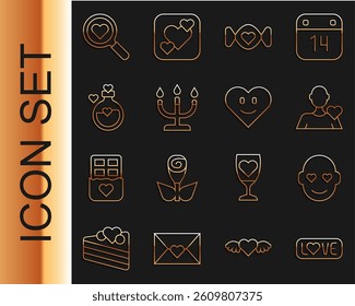 Set line Love text, Romantic man, Candy, Candlestick, Bottle with love potion, Search heart and Heart icon. Vector