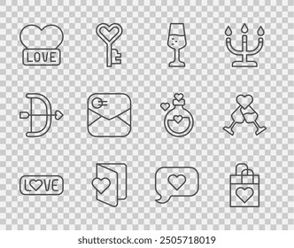 Set line Love text, Shopping bag with heart, Glass of champagne, Valentines day flyer, Heart, Envelope, speech bubble and  icon. Vector