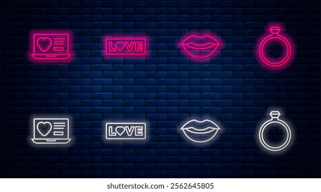 Set line Love text, Smiling lips, Dating app online and Diamond engagement ring. Glowing neon icon on brick wall. Vector