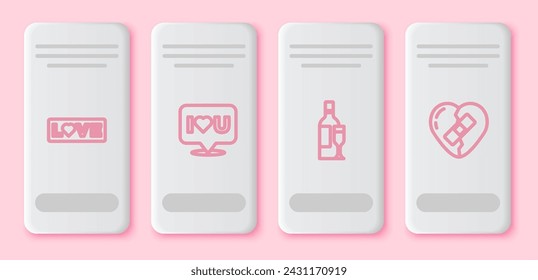 Set line Love text, Speech bubble with I love you, Champagne bottle and Healed broken heart. White rectangle button. Vector