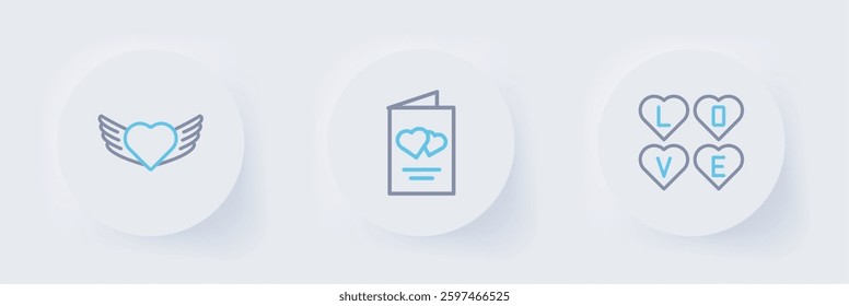 Set line Love text, Valentines day flyer and Heart with wings icon. Vector