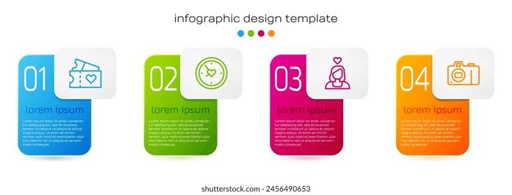 Set line Love ticket, Clock with heart, Couple in love and Photo camera. Business infographic template. Vector