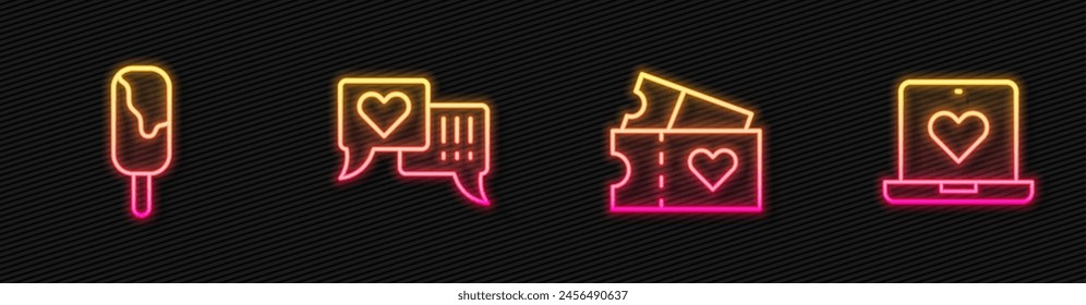 Set line Love ticket, Ice cream, Heart in speech bubble and Dating app online. Glowing neon icon. Vector