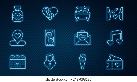 Set line Love ticket, Music note, tone with hearts, Romantic in bathroom, Mobile, Location, Chocolate candy, Greeting card and Healed broken icon. Vector