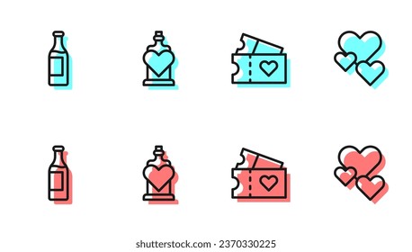 Set line Love ticket, Wine bottle, Bottle with love potion and Heart icon. Vector