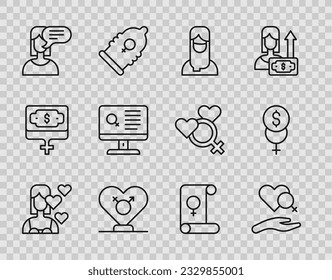 Set line Love yourself, Heart with female gender, Muslim woman in hijab, Gender, Female opinion, Dating app, Feminism and finance icon. Vector