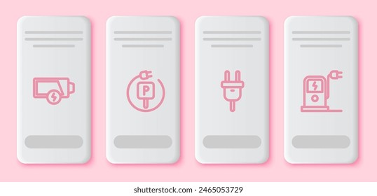 Set line Low battery, Charging parking electric car, Electric plug and charging station. White rectangle button. Vector