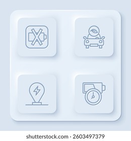 Set line Low battery, Eco car, Charging parking electric and Battery charge. White square button. Vector