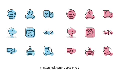 Set line Low battery, Electric car, motor, Battery charge and  icon. Vector