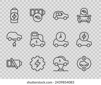 Set line Batería baja, Coche eléctrico, Engranaje y relámpago, Carga de la batería e icono. Vector