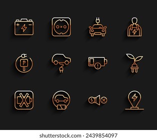 Set line Low battery, Electric car, Car, motor, Charging parking electric, saving plug leaf and  icon. Vector