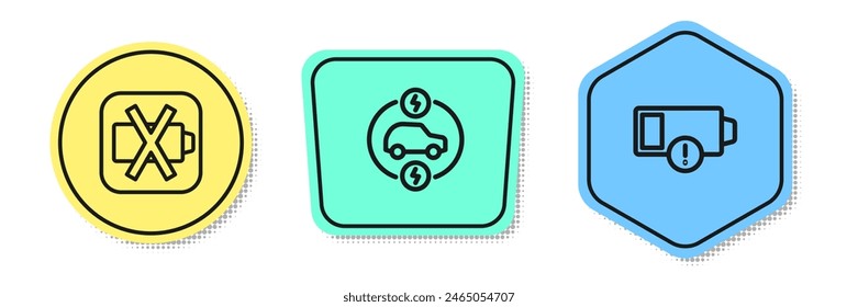 Set line Low battery, Electric car and . Colored shapes. Vector