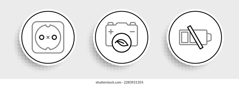 Set line Low battery, Electrical outlet and Eco nature leaf icon. Vector