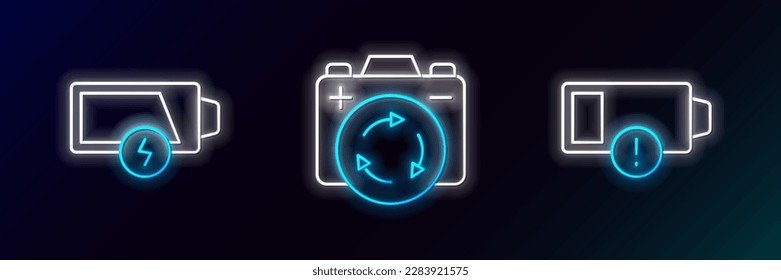 Set line Low battery,  and Battery with recycle symbol icon. Glowing neon. Vector