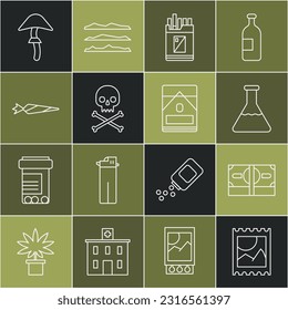 Fijar la marca de ácido LSD, Pilas de papel dinero en efectivo, Tubo de prueba y matraz, cajón de cigarrillos abierto, Manto de cráneo, Manejo de marihuana, hongo de Psilocybin e ícono de Cigarrillos. Vector