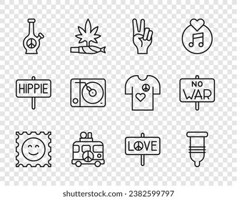 Set line LSD acid mark, Condom, Peace symbol, Hippie camper van, Bong, Vinyl player,  and No war icon. Vector