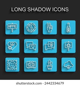 Set line LSD acid mark, Retro audio cassette tape, Peace, Cactus, cloud, Speech bubble chat, Marijuana and  icon. Vector