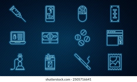 Marca ácida del LSD de la línea del sistema, compra de drogas en línea, píldora o tableta de la medicina, dinero en efectivo del papel de las pilas, ordenador portátil, jeringa, e icono del teléfono. Vector